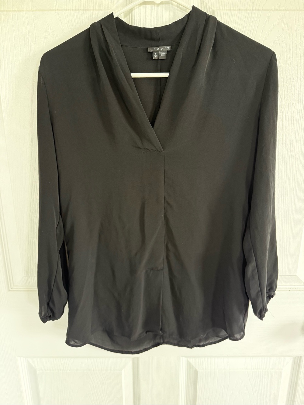 Theory 100% Silk Black Blouse Small Draped V Neck Quiet Luxury Workwear